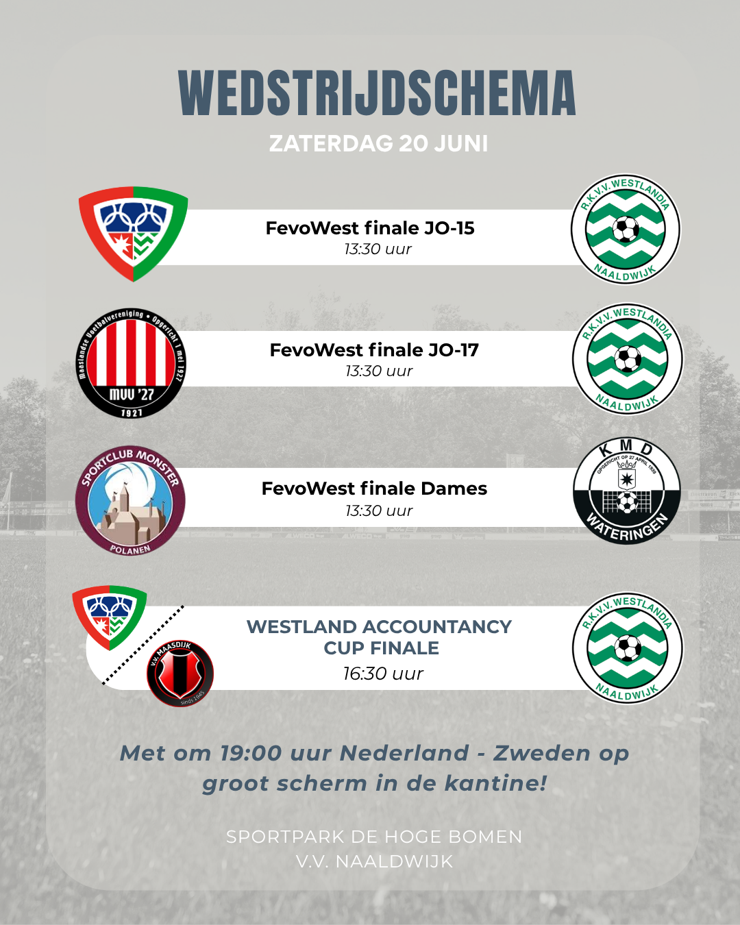 Wedstrijdschema zaterdag 20 juni