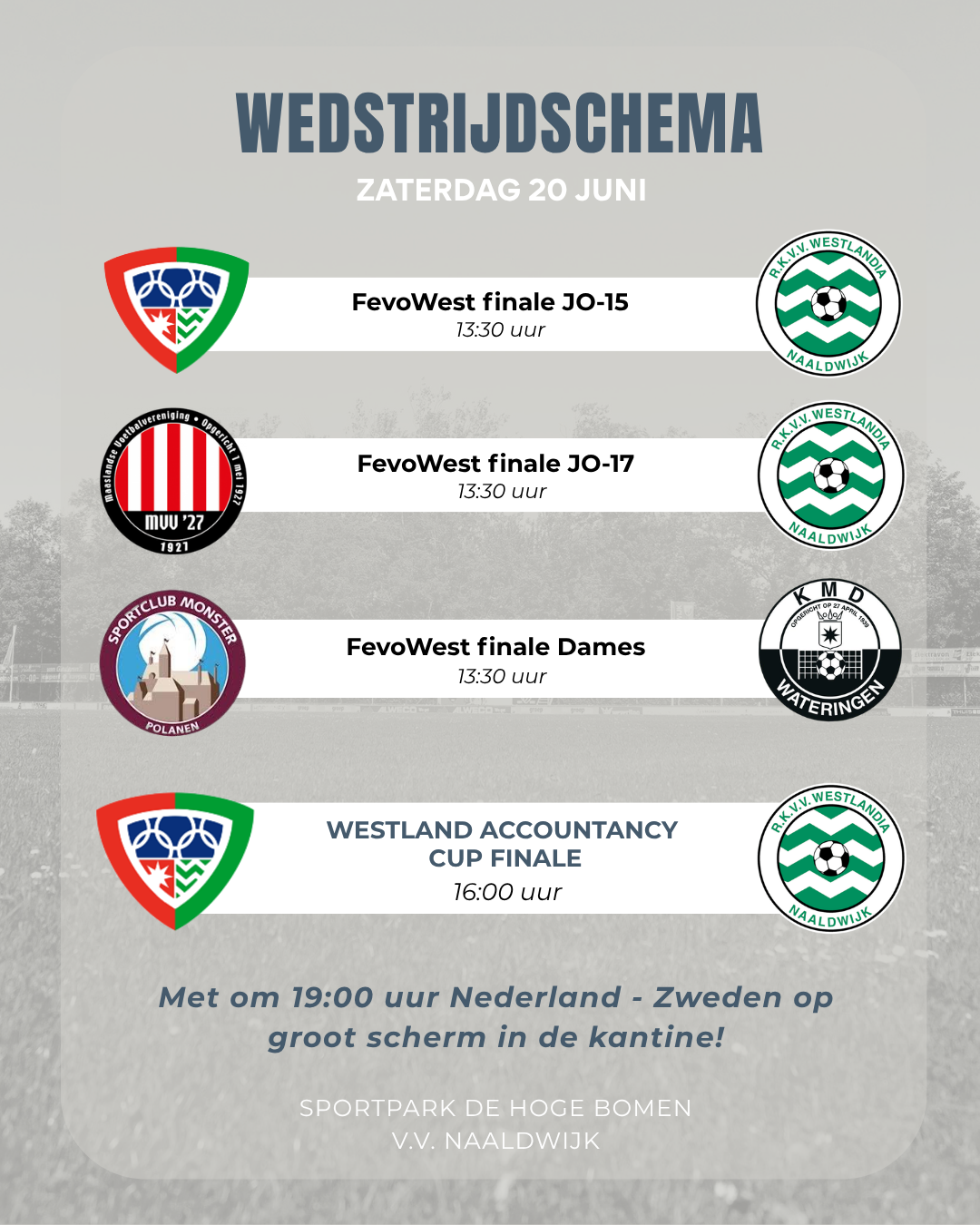 UPDATE: wedstrijdschema zaterdag 20 juni